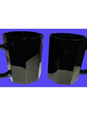 Arcoroc Black Octagonal Ceramic Coffee Mugs Made In France - Set Of 2